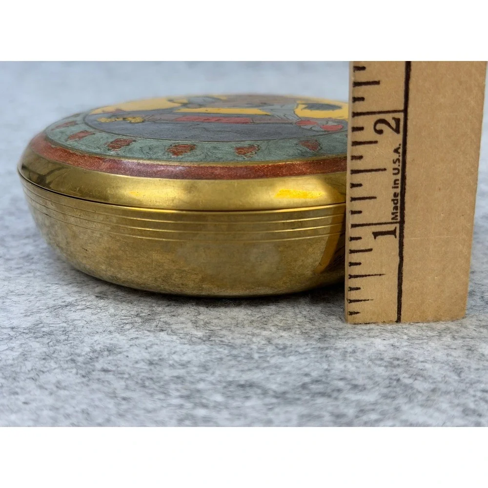 Vintage Solid Brass Trinket Box India Enameled Rocking Horse Jewelry Dish 4 Inch